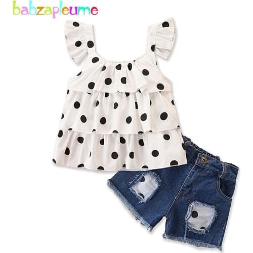 Babzapleume Summer Outfits Little Girls Clothing Fashion Cute Dot Sleevelessv Baby T-shirt+Hole Shorts Toddler Clothes BC2043-1