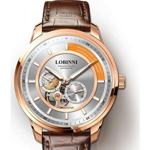 LOBINNI automatic watch men,mens luxury watches skeleton mechanical wristwatch 50m waterproof Switzerland clock sapphire relogio
