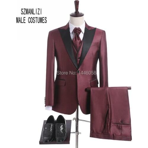 Brand Men Suit 2018 Custom Made Prom Wedding Suits For Men Peaked Slim Fit Burgundy Groom Suit Mens Tuxedo (Jacket+Vest+Pant+Tie