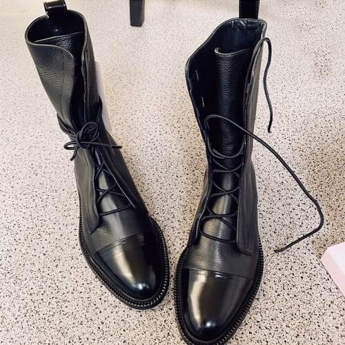 New Women Boots Motorcycle Shoes Women Botas Mujer Low Heel Shoes Lace Up Short Boots Black Leather Boots Pointed Ladies Shoes