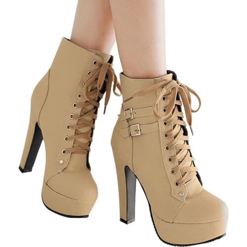 Plus Size Ankle Boots Women Platform High Heels Female Lace Up Womens Shoes Buckle Woman Short Boot Ladies Footwear