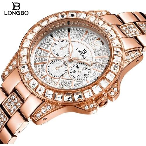 LONGBO Original Women Fashion Casual Quartz Wristwatches Bling Rhinstone Alloy Case Waterproof Lady Girl Dress Party Gift Clock