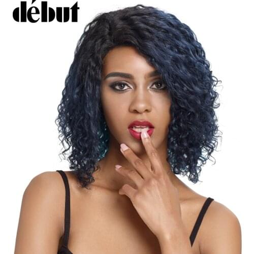 Debut Human Hair Wigs Blue Kinky Curly Human Hair Wig Short Bob Wigs For Women Wet And Wavy Curly Wigs Lace Part 99J Fashion Wig