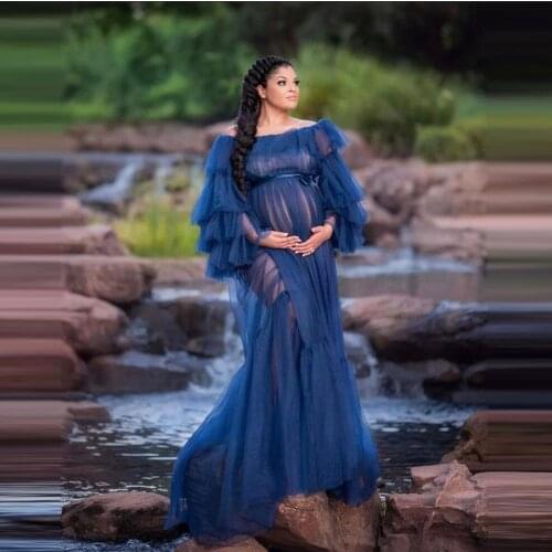 Sexy Sheer Pregnancy Dresses For Photo Shoot Long Sleeves Ruffles See Thru Women Maternity Robes Gowns Plus Size