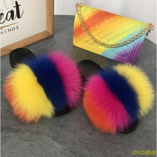 2020 Size 36-45 New Women Real Fox Slippers Raccoon Slides Beach Slippers Chinelos Menina Slippers Girl Slippers Female