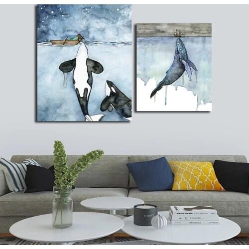 Modern Whale Kissing Girl Seascape Wall Art Canvas Painting Nordic Posters and Prints Wall Pictures for Living Home Decoration