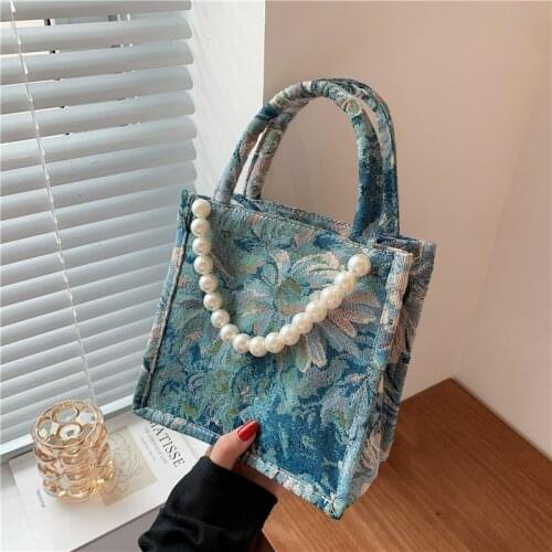 Retro Flower Womens Handbags Pearl Chain Strap Ladies Floral Shoulder Bag Large Capacity Female Contrast Color Tote Bags Bolso