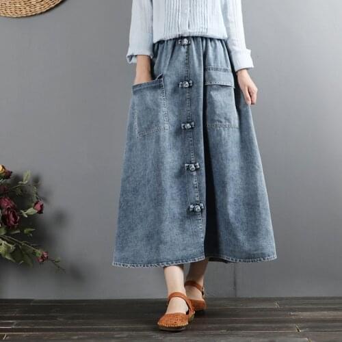 Vintage Denim Skirt For Women High Waist Jeans Skirt Ladies Buttons Retro A-Line Skirt Plus Size Midi Skirts For Women 10194