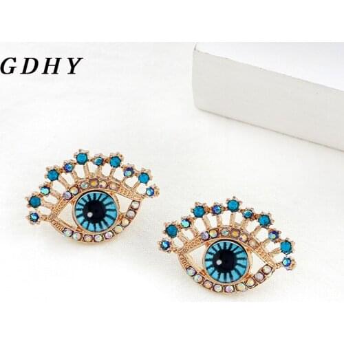 GDHY Creative Blue Eye Stud Earrings For Women Blue Rhinestone Crystal Evil Eye Earrings Oorbellen Femme Trendy Ear Jewelry