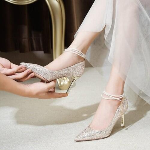 Female Higher Heels 3cm Pearls Strap French Wedding Shoes, Xiuhe Wedding Dress for Two Summer Women Shoes Ladys Pumps
