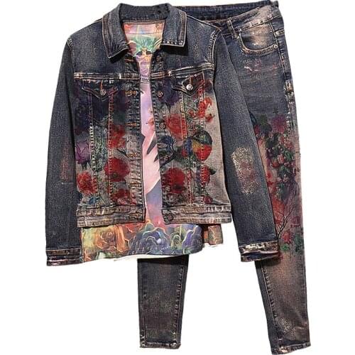 Spring Autumn Fashion Flower Print Denim Jacket Pants Suit Ladies Casual Two Piece Set Elasticity Jeans Women Clothing Tide H992