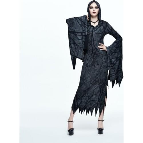 New Devil Fashion Gothic Black Flare Sleeve Hooded Dress Visual Steampunk Asymmetrical Hem Long Dress Halloween Costumes