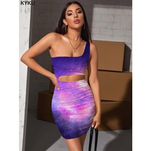 KYKU Brand Galaxy Dress Women Nebula Hollow out Dresses Sky Vestido Sexy Purple 3d Print Womens Clothing Mini Evening Short Boho