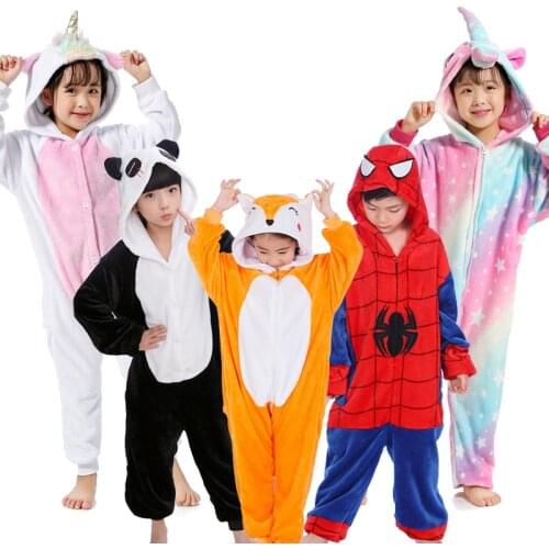 Girls Boys Winter Kigurumi Unicorn Pajamas Cat Anime Animal Onesies Kids Sleepwear Flannel Warm Jumpsuit Children Pajamas
