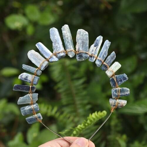 Gold Copper Wire Wrapped Natural Blue Kyanite Slab Graduated Point Beads Crown Tiara Women Gemstones Crown Headband Jewelry Gift