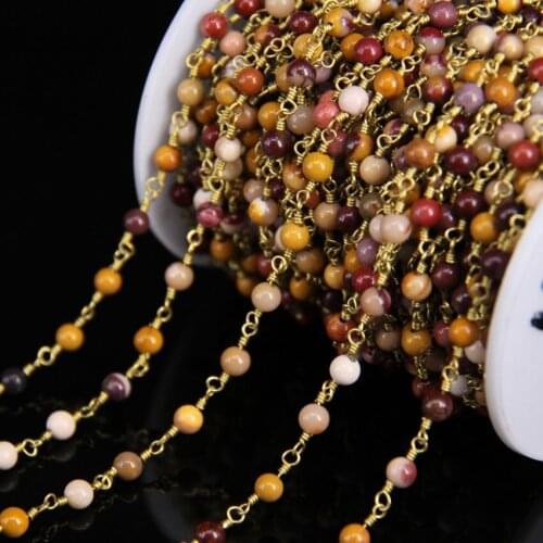 5Meter 4mm Natural Red Yellow Mookiate Stone Round Bead Chain,Brass Wire Wrapped Rosary Chain DIY Necklace bracelet Jewelry