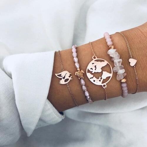 5 Pcs/ Set Punk Turtle Map Heart Fox Crystal Beads Chain Multilayer Gold Chain Bracelet Set Charm Girl Jewelry Gift Accessories