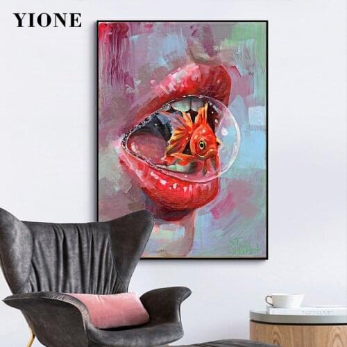 Abstract Goldfish Bubble Mouth Oil Painting Art Woman Lip Wall Poster Canvas Picture Print for Living Room Bedroom Decoration