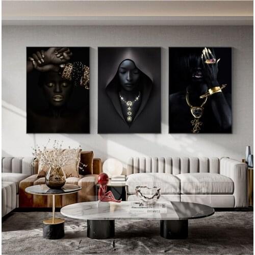 African Black Sexy Women with Golden Jewelry Picture Canvas Painting Oil Painting Wall Picture Poster ModernWall Art Home Decor