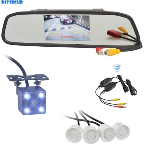 DIYSECUR Wireless Video Parking Radar 4 Sensors 4.3" Car Mirror Monitor + 4 x LED Car Rear View Camera Parking Assistance