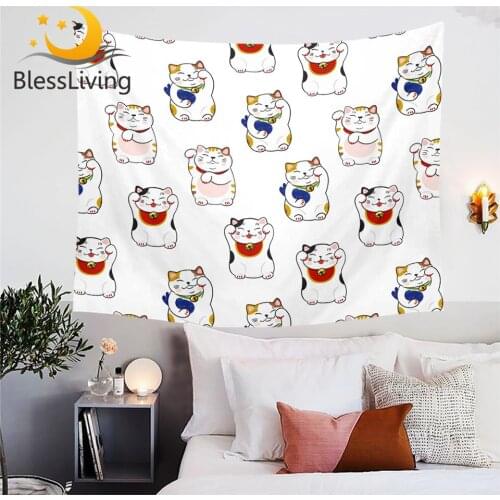 BLessliving Maneki Neko Tapestry Wall Hanging Beckoning Cat Wall Carpet Japanese Lucky Cat Bedspreads Cartoon Custom Tapestry