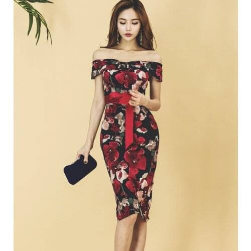 Bud Hip Floral Dress Slash Neck Off The Shoulder High Waist Sexy Party Dress Female Midi Sheath Summer Dresses Women