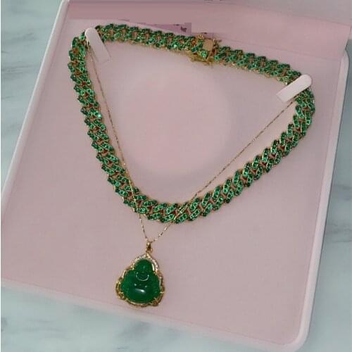 14mm width Green cubic zirconia cz Miami Cuban link chain Gold color green women cuban choker necklace 16"