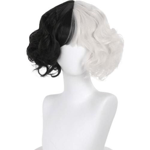 CRUELLA de Vil Wigs Short Curly Black White Ms. Spot Hair Deville Dalmations Heat Resistant Cosplay Wig + Wig Cap