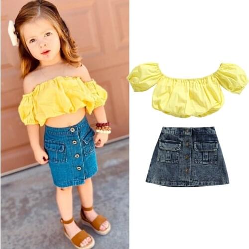 FOCUSNORM 1-6Y Fashion Kids Girls Clothes Sets Solid Puff Sleeve Off Shoulder T Shirts Denim A-Line Skirts 2pcs