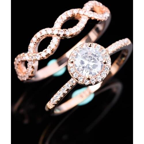 2pcs/set Classic Women Wedding Rings Crystal Zircon Luxury Jewelry Party Accessories Rose Gold Finger Ring Girlfriend Gift Hot