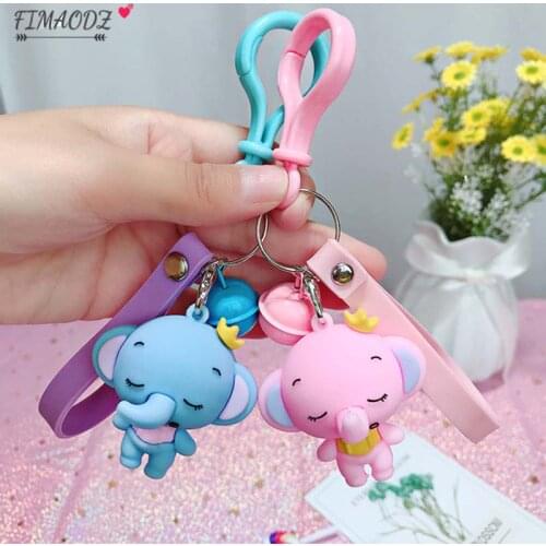 FIMAODZ Cute Elephant Keychain Animal Baby Blue Pink Gray Bell Pendant Cartoon Key Chain Holder for Kids Son Daughter Gift