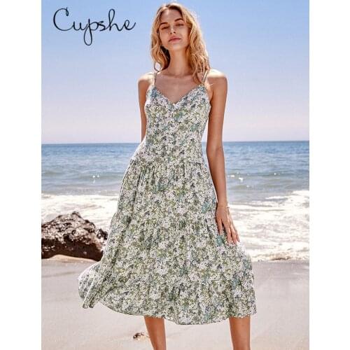 CUPSHE Daisy Floral Midi Dress For Woman Sexy V-neck Spaghetti Straps Chiffon Beach Dress 2021 Girls Summer Sundress Vestidos