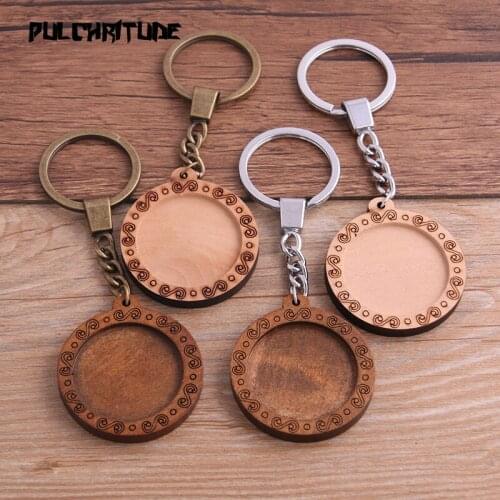 2pcs 30mm Round Wood Cabochon Settings Metal Keyring Accessories Diy Blank Wooden Base Trays For Key Chain
