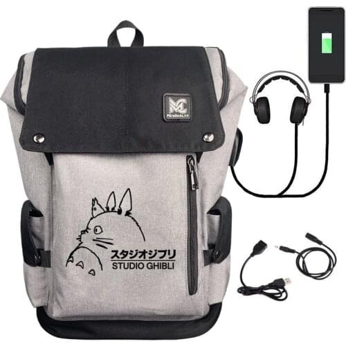 16" Totoro My Neighbor Cat USB Backpack Bag Zipper Manager Casual Fan Girl Boys Computer Laptop School Students Anime Gifts
