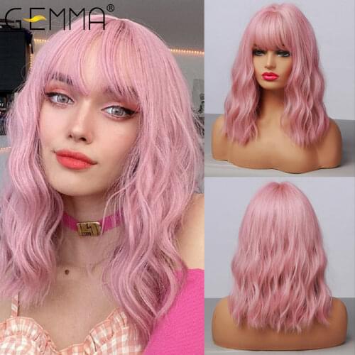 GEMMA Medium Wavy Synthetic Wig with Bangs for Black Women African American Natural Pink Bob Lolita Cosplay Heat Resistant Hair