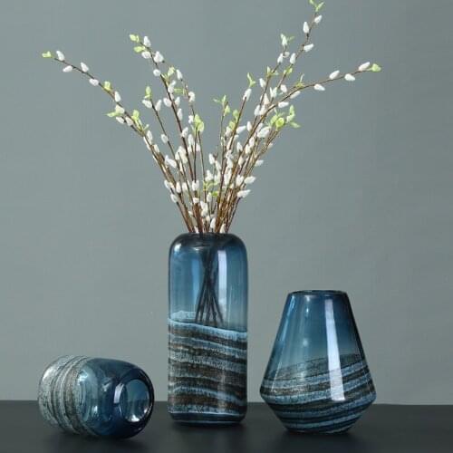 Blue Sand Glass Vase Home Decoration Handmade Three-dimensional Glass Vase Crafts Flower Vase Living Room Decoration