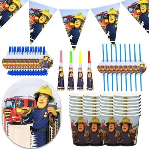 Fireman Sam Theme Party Decoration Fire Engine Fighter Paper Cup Plate Banners Baby Shower Balloons Kids Birthday Party Supplies