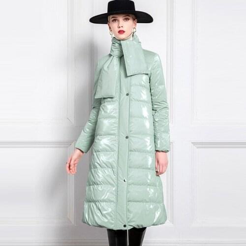 Thickened White Down Light Down Jacket Womens Scarf Collar Slim Bright Face Winter New Fashion Mid Long Coat