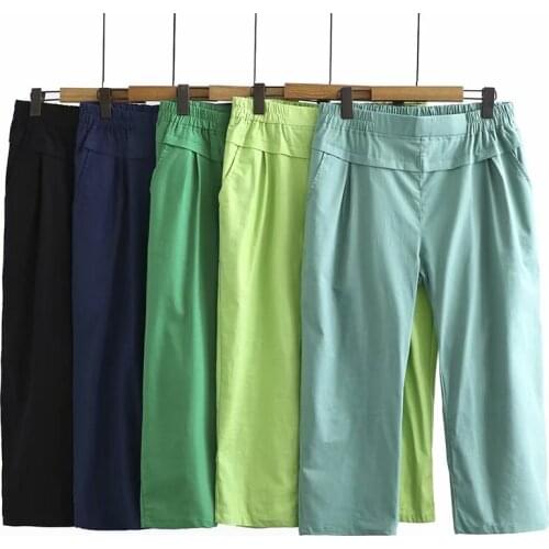 Plus Size Womens Simple Cotton and Linen Pants Casual Solid Elastic Waist Workwear Slim Ankle Trousers