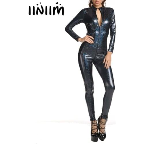 Women Latex Catsuit Fashion Printed Wet Look Shiny Patent Leather Leotard Bodysuit Mock Neck Long Sleeve Zipper Jumpsuit Costume