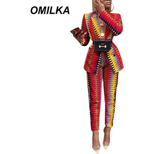 OMILKA OL 2 Piece Set Women Blazer and Long Pant Set 2019 Autumn Winter Printed Streetwear Office Lady Work Two Piece Outfits