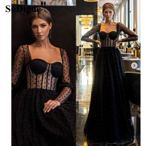 SoDigne Black Dotted Tulle Evening Dress Long 2021 Sweetheart Floor Length Prom Gown Arabic Dubai Formal Dress Party