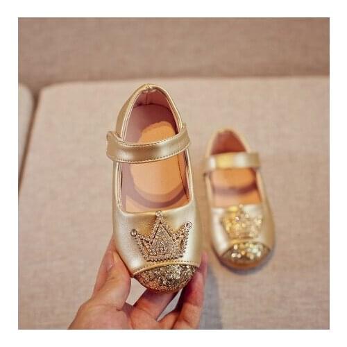 2020 Spring Kids princess Leather Shoes For Girls Children Girl Wedding Shoe Gold Black Crown Sequins Baby Girls Footwear