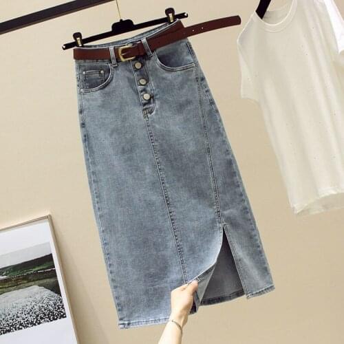 2021 Women Spring Vintage Chic Denim Skirt Female Sashes Button Plus Size Elastic High Waist Skirt Lady Casual Solid Faldas K278
