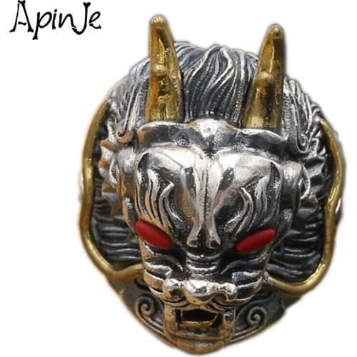 Apinje 925 Sterling Silver Vintage Fashion Gothic Ancient Dragon Men Jewelry Big Open Ring Thai Silver Boyfriend Gift Party