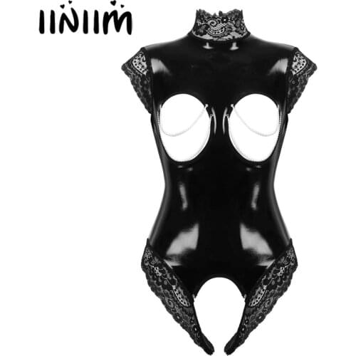 Womens Wetlook Nipples Hole Sissy Exotic Teddies Patent Leather Lingerie Open Cup Crotchless Lace Trimmed Bodysuit Nightwear