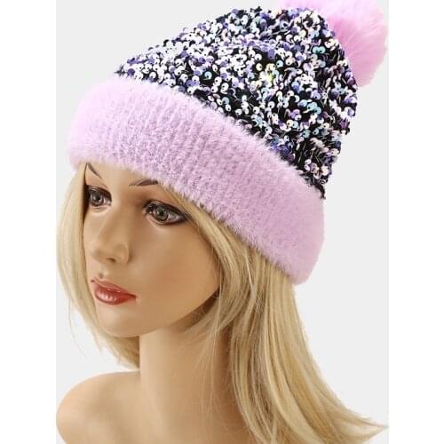 Ncmama Brand Winter knitted Beanies Hats Women Luxury Bing Sequins Beanie Skullies Female Fur Pompom Hat Bonnet Beanie Caps
