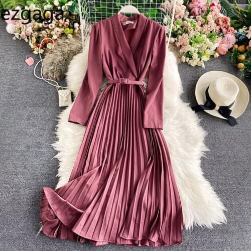 Ezgaga Office Lady Elegant Dress Women Spring New Fashion V-Neck Long Sleeve Pleated Loose Solid Ladies Bandage Dress Vestidos