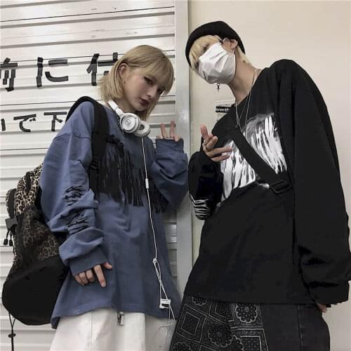 T-shirt Men Women Long-sleeved Korea Harajuku Style Graffiti Letter Printing Loose Autumn Bf Student Bottoming Shirt Couple