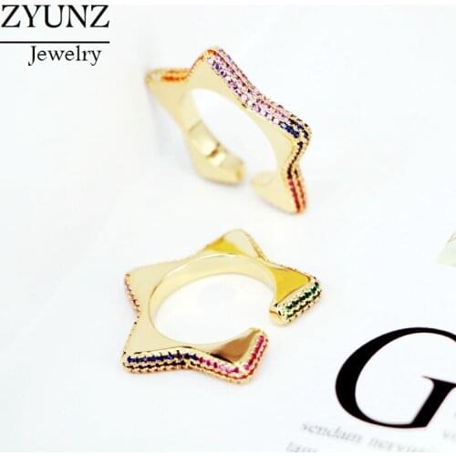 4PCS, Fashion rainbow star ring jewelry gold color sparking colorful cz open star ring for women